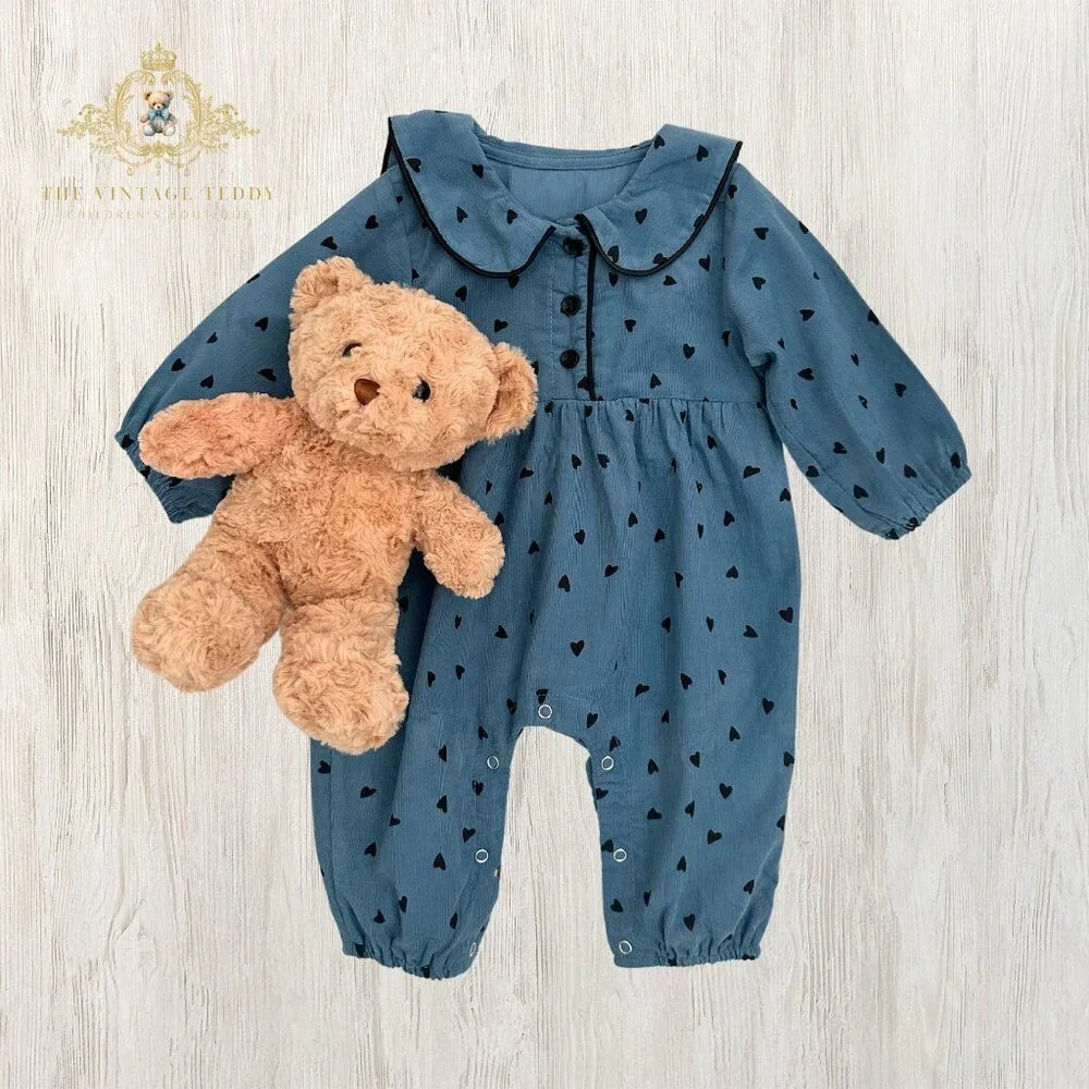 NWT Pretty Girls Long Sleeve One-Piece Romper Corduroy Blue /Black Hearts 18-24M